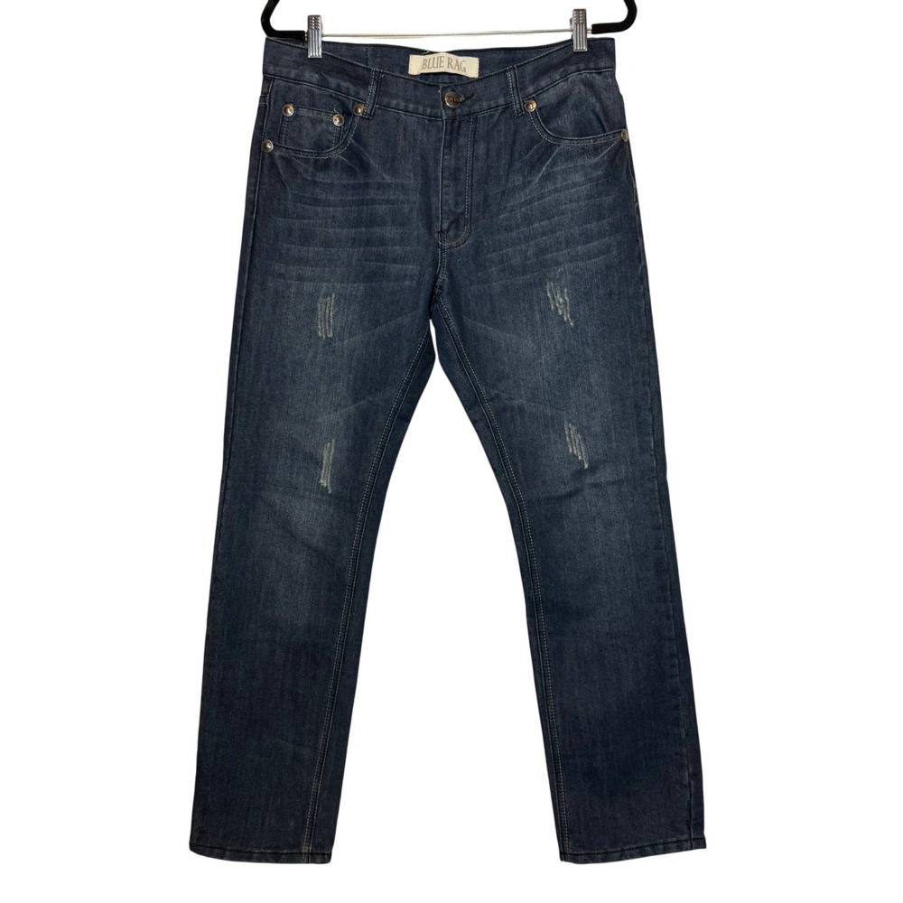 Blue Rag Jeans Mens 34x30 Distressed Dark‎ Wash Denim Straight Leg